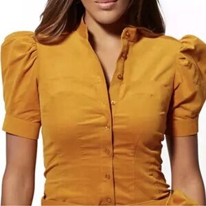 New York & Co Wms XSmall Mustard Yellow Faux Corset Puff Sleeve Shirt Button Top